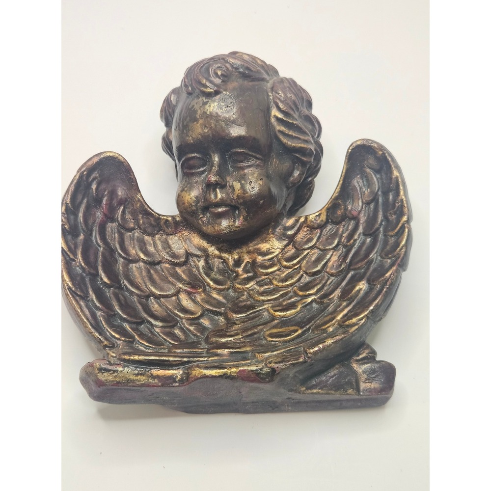 Vintage Cherub Angel Wall Hanging Plaque Bronze‎ Tone Religious Decor